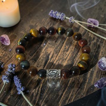 Tiger Eye, Hawk's Eye and Bull's Eye Bracelet with the Eihwaz Rune, Silver